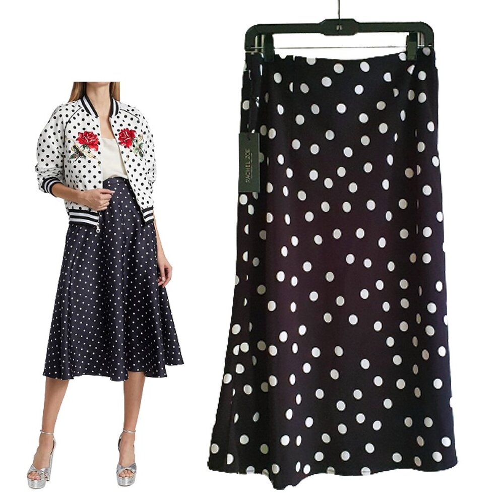 Rachel Zoe NWT Romantic Polka Dot A-Line Midi Skirt Black-White